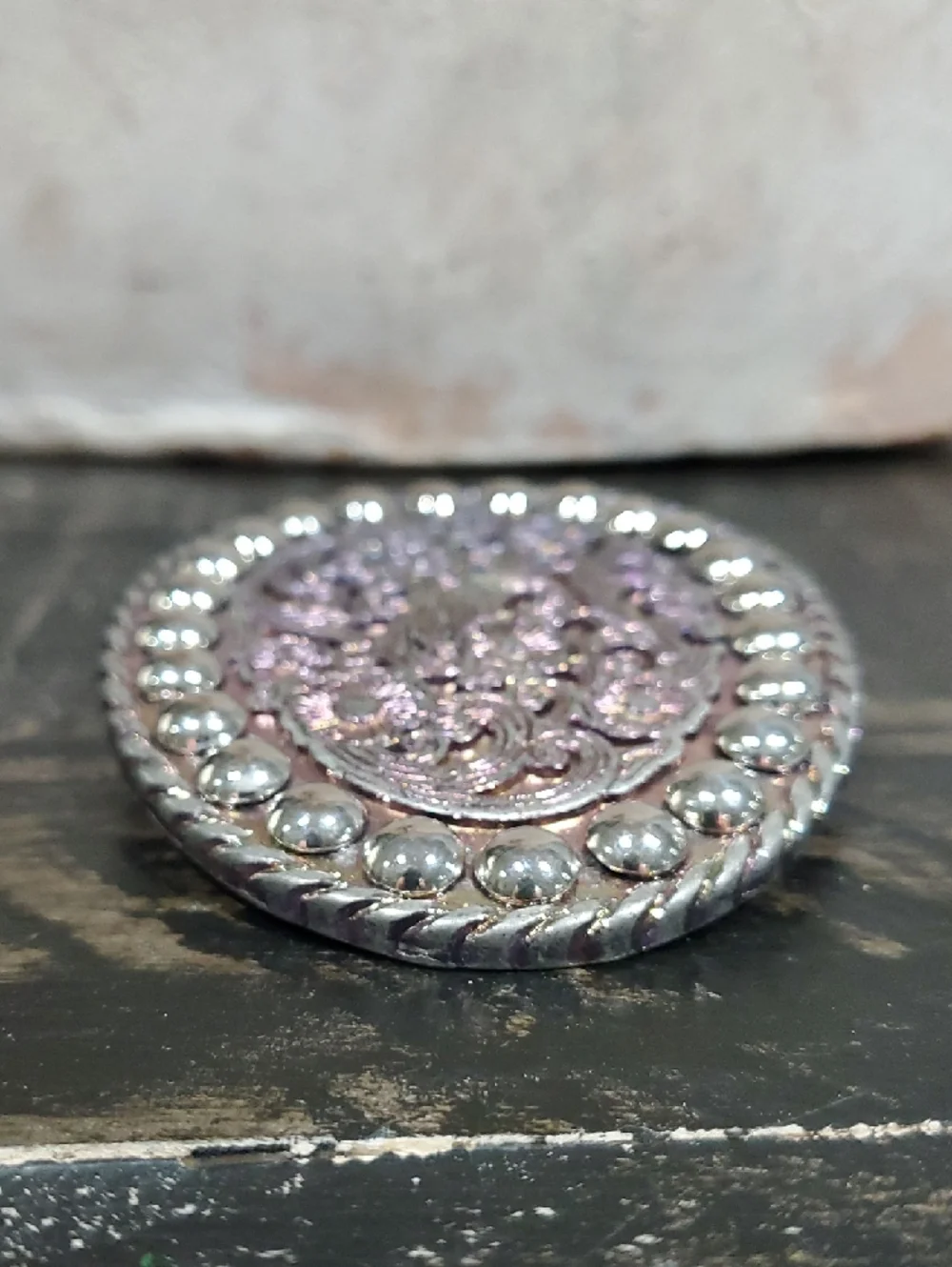 Vintage Silver Floral Oval Belt Buckle Pink And Purple Shimmer W Studs Cowgirl